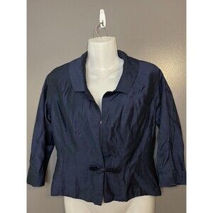Vintage Kitty Copeland Jacket Womens 36 Navy Blue Bow Waist Zip 3/4 Sleeve 50s